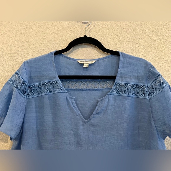 NWT Counterparts Womens Blouse Blue Crochet Short Sleeve Size Large A517 - Picture 2 of 9